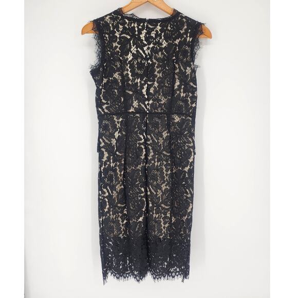 Metisu Black Lace Overlay Sheath Dress with Ruffle & Bow Women’s Size Small - Picture 2 of 10